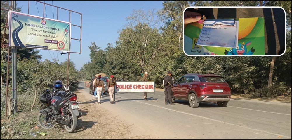 Assam Police personnel at the Sarihajan Tiniali, NH 129, Karbi Anglong, as the ‘time card’ for curbing overspeeding took effect at 3:00 pm on Janaury 5. (Inset) The ‘Time card’ issued to commuters travelling the Sarihajan-Garampani stretch. (Morung Photos)
